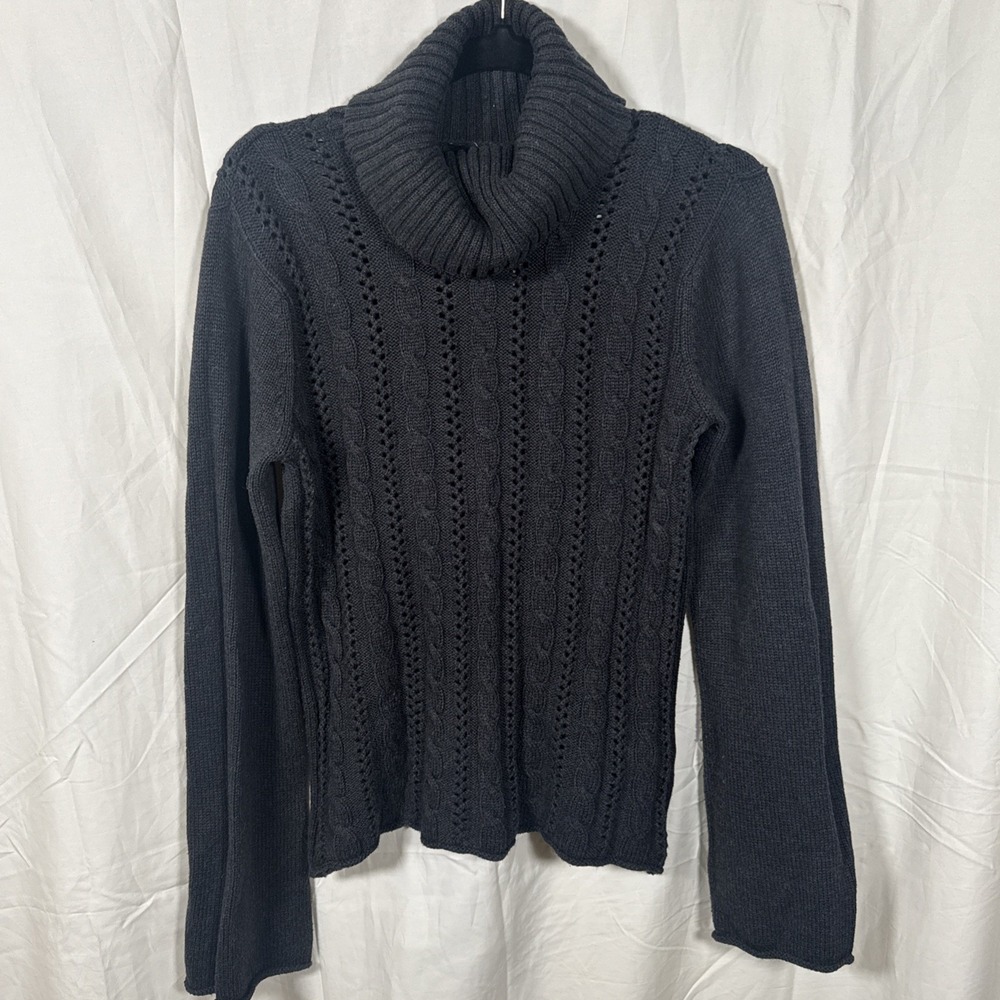 Calvin Klein Womans Cable Knit Sweater Charcoal Gray / Black Turtle Neck‎ Size L